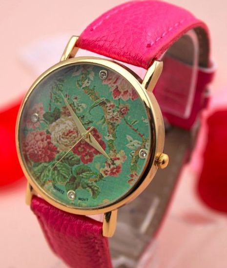 Dámské květované hodinky - růžové