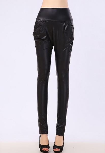 Dámské kalhoty - kožený LOOK černé