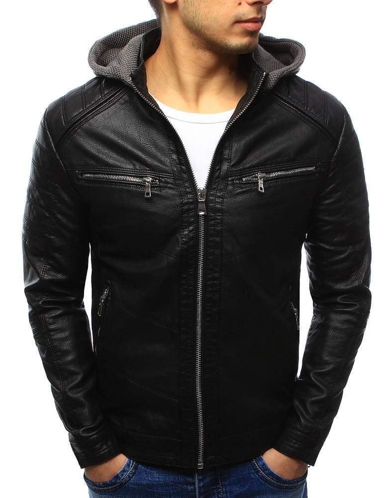 Moderní pánská černá kožená bunda s kapucí tx2070